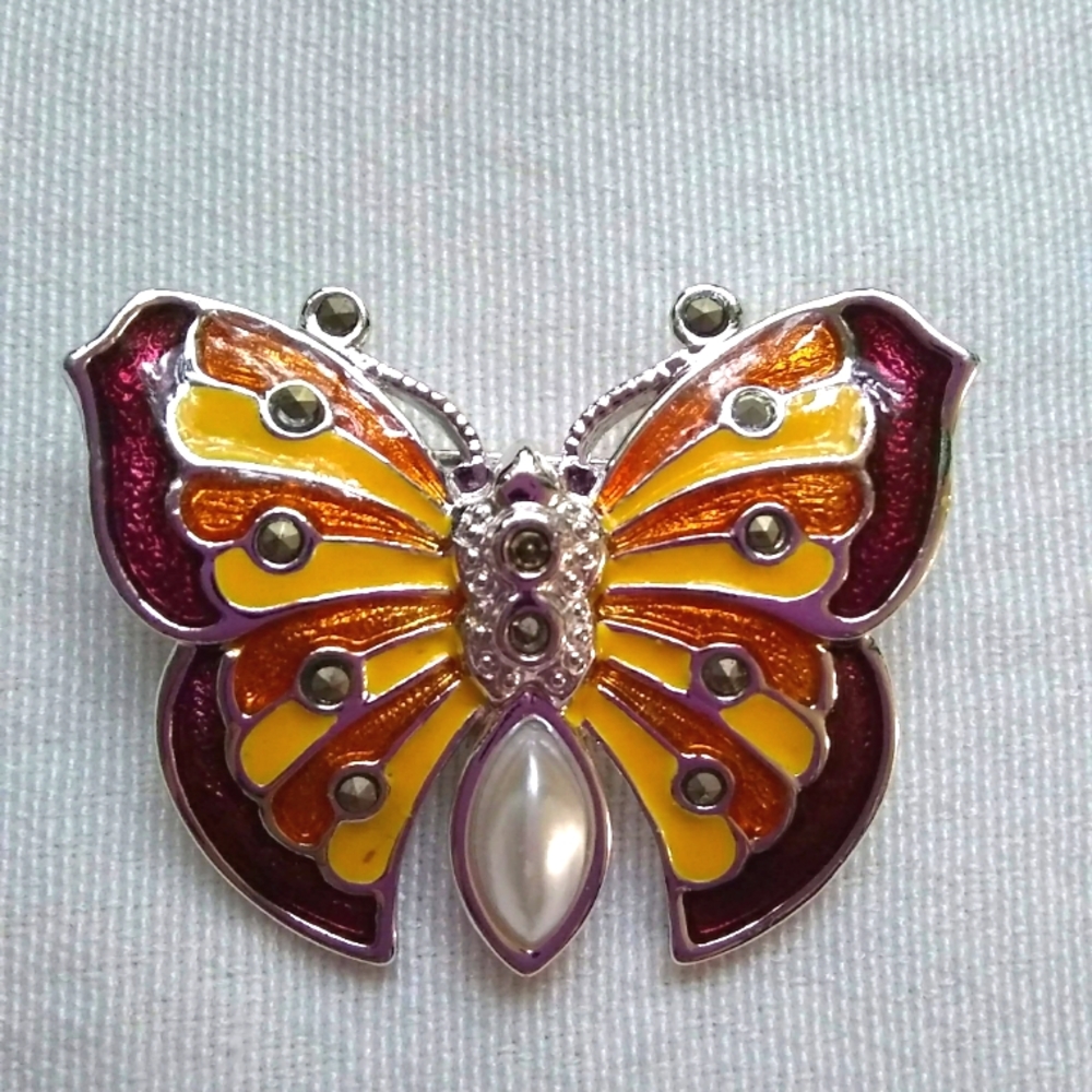 Danecraft Vintage Enamel Butterfly Brooch Pin Orange Pearl Multicolor
